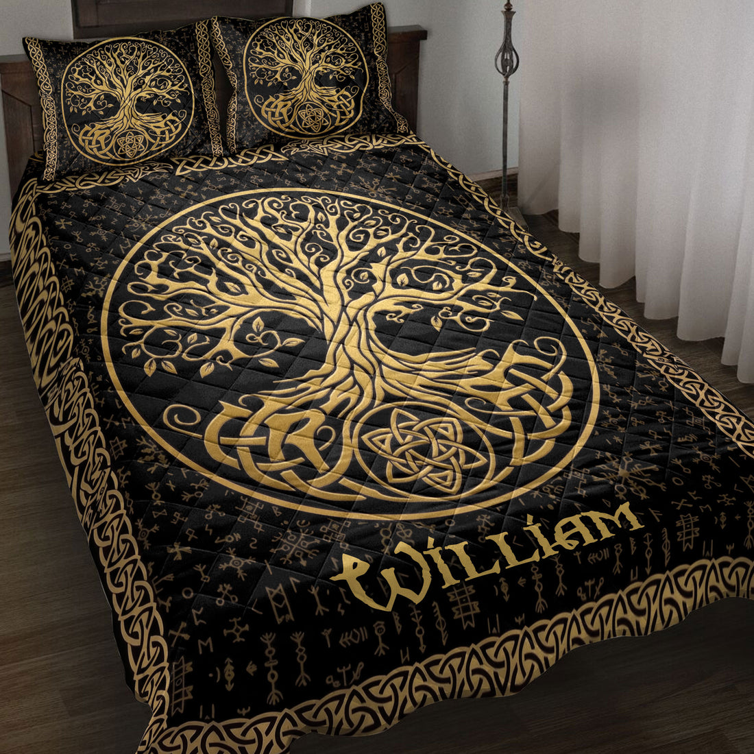 Black and gold Tree of Life quilt blanket displayed on a bed with Celtic knot borders
