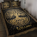 Black and gold Tree of Life quilt blanket displayed on a bed with Celtic knot borders