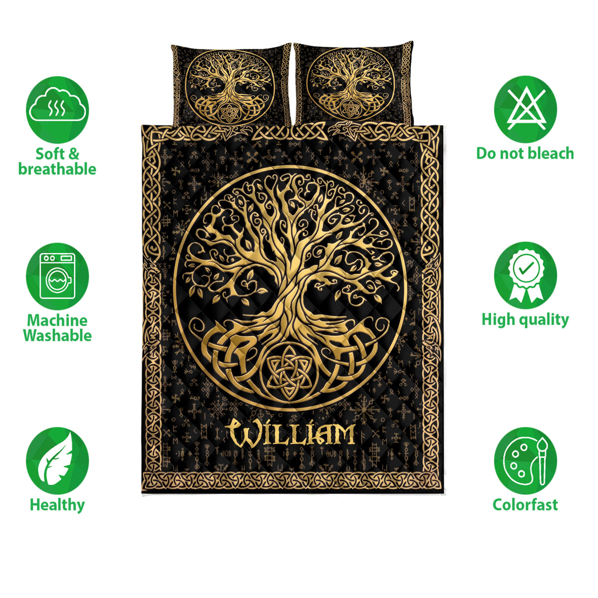 Tree of Life quilt bedding set with black and gold artwork and soft breathable design icons