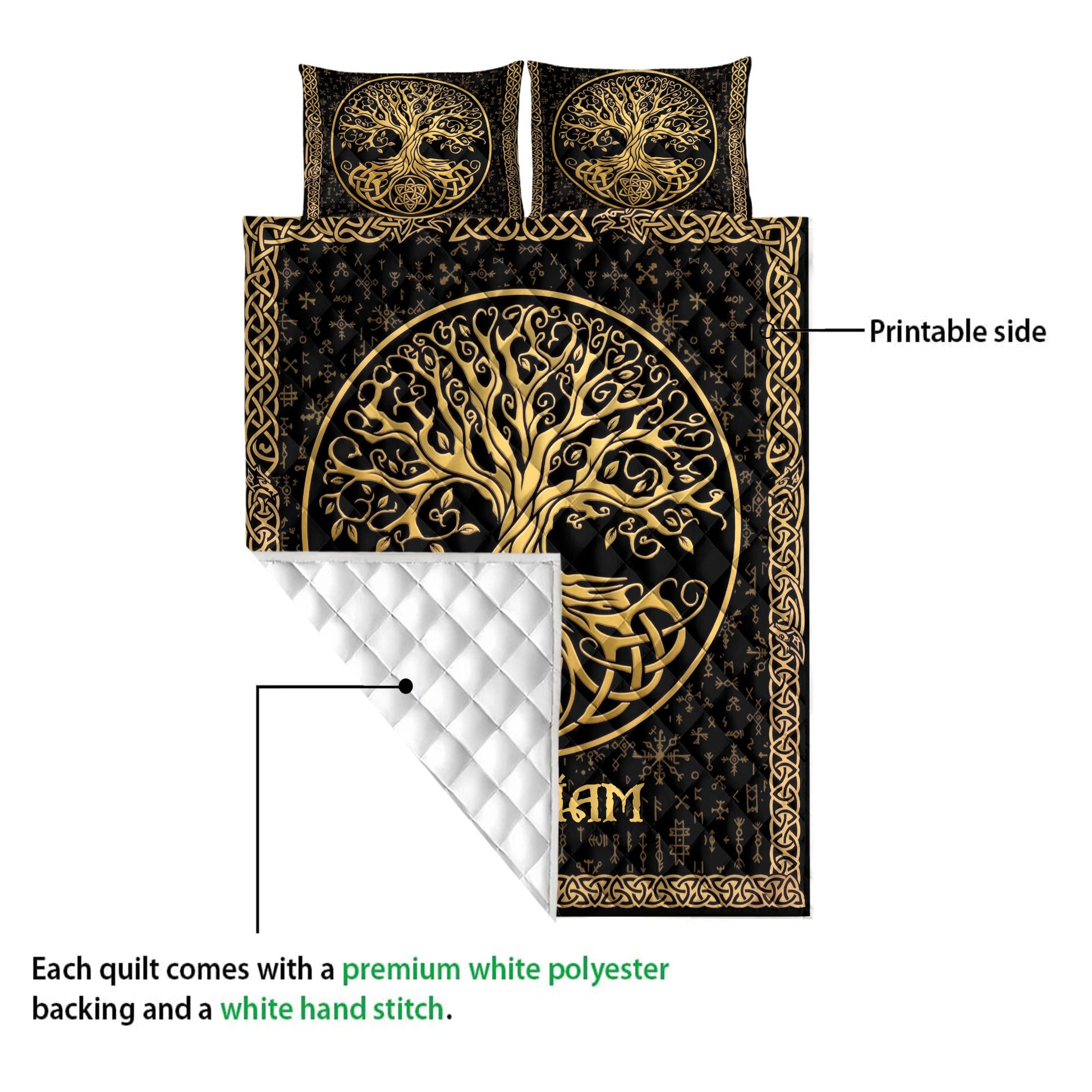 Tree of Life quilt blanket showing the printed side and quilted white backing