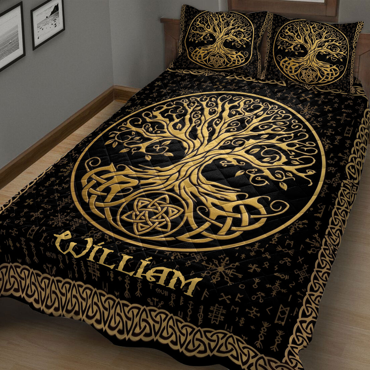 Celtic Tree of Life quilt blanket displayed across a bed in black and gold