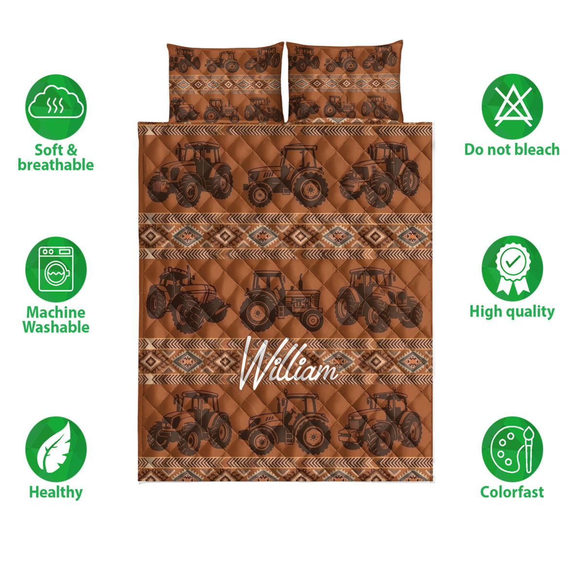 Tractor quilt bedding set shown front-facing with repeated farm vehicle artwork and feature icons