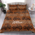 Tractor quilt bedding styled in a bright bedroom with matching tractor-patterned pillow covers