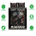 Dirt track racing quilt bedding set showing sprint car artwork with soft breathable and machine washable feature icons
