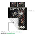 Dirt track racing quilt showing the printed front and white quilted reverse side with sprint car artwork