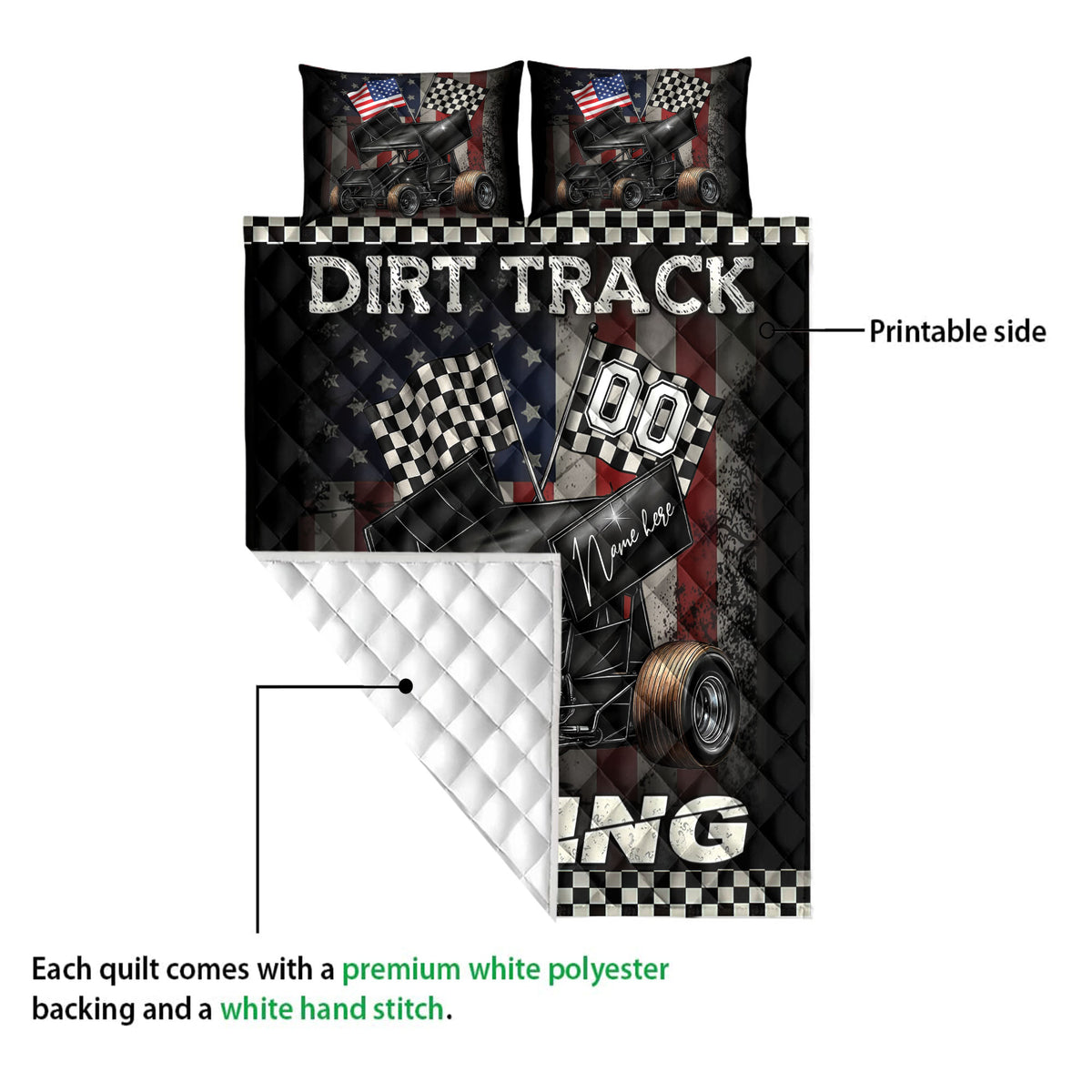Dirt track racing quilt showing the printed front and white quilted reverse side with sprint car artwork