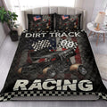 Dirt track racing quilt blanket styled in a bedroom with sprint car artwork and bold checkered flag borders