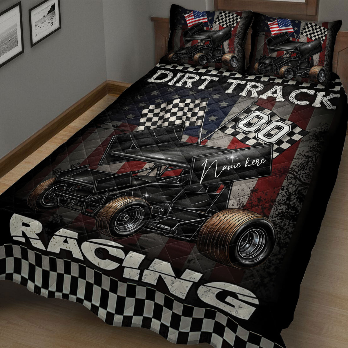 Close bedroom view of a dirt track racing quilt with sprint cars, racing flags, and black, red, and white artwork