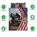 Dirt track racing quilt bedding set shown with sprint car artwork, American flag design, and product feature icons
