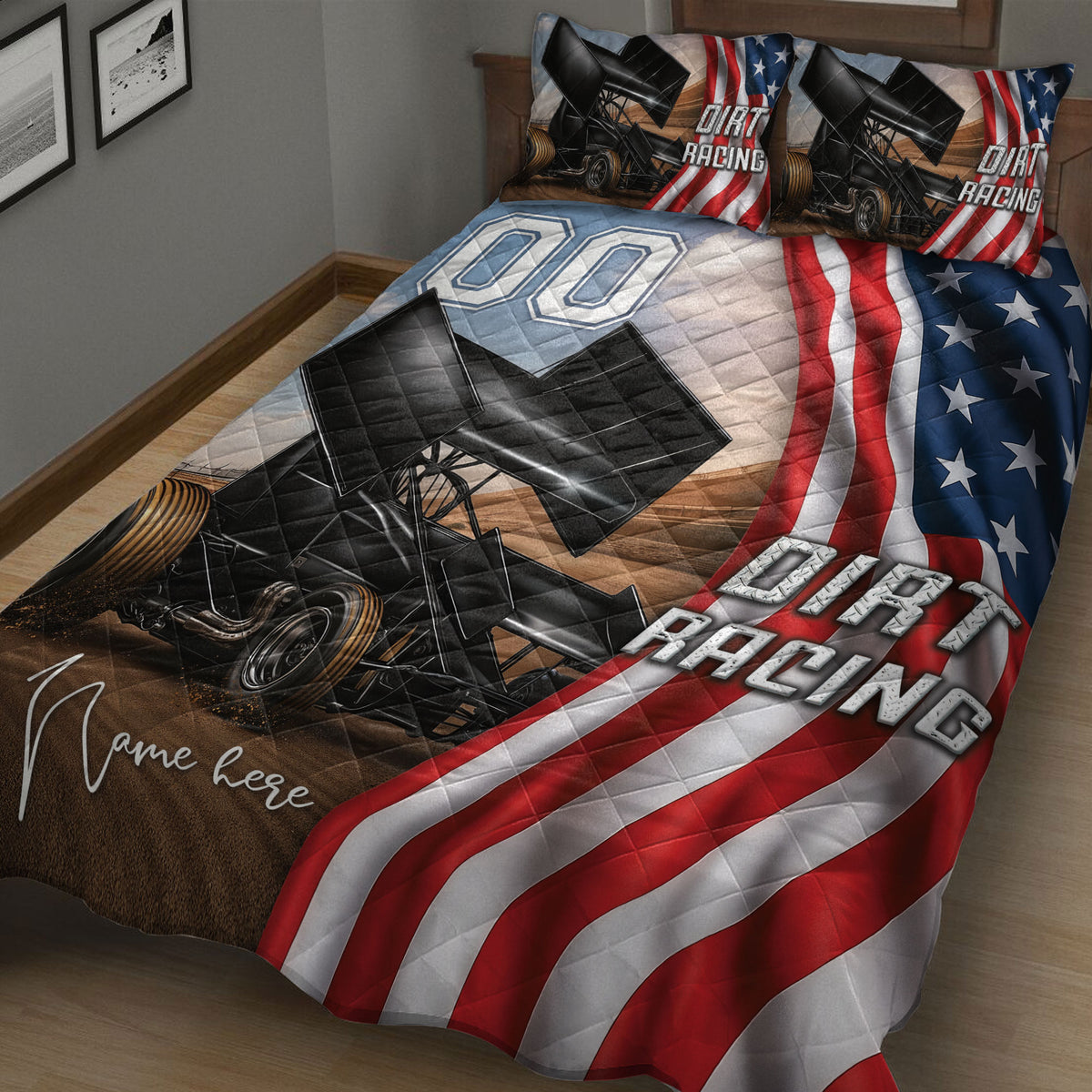 Close bedroom view of dirt track racing quilt bedding with black sprint cars, blue stars, and red white stripes