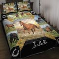 Horse quilt blanket bedding set displayed on a bed with galloping horses, horseshoes, and black and gold accents