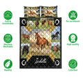 Horse quilt bedding set shown with equestrian artwork, horseshoe details, and soft breathable design icons