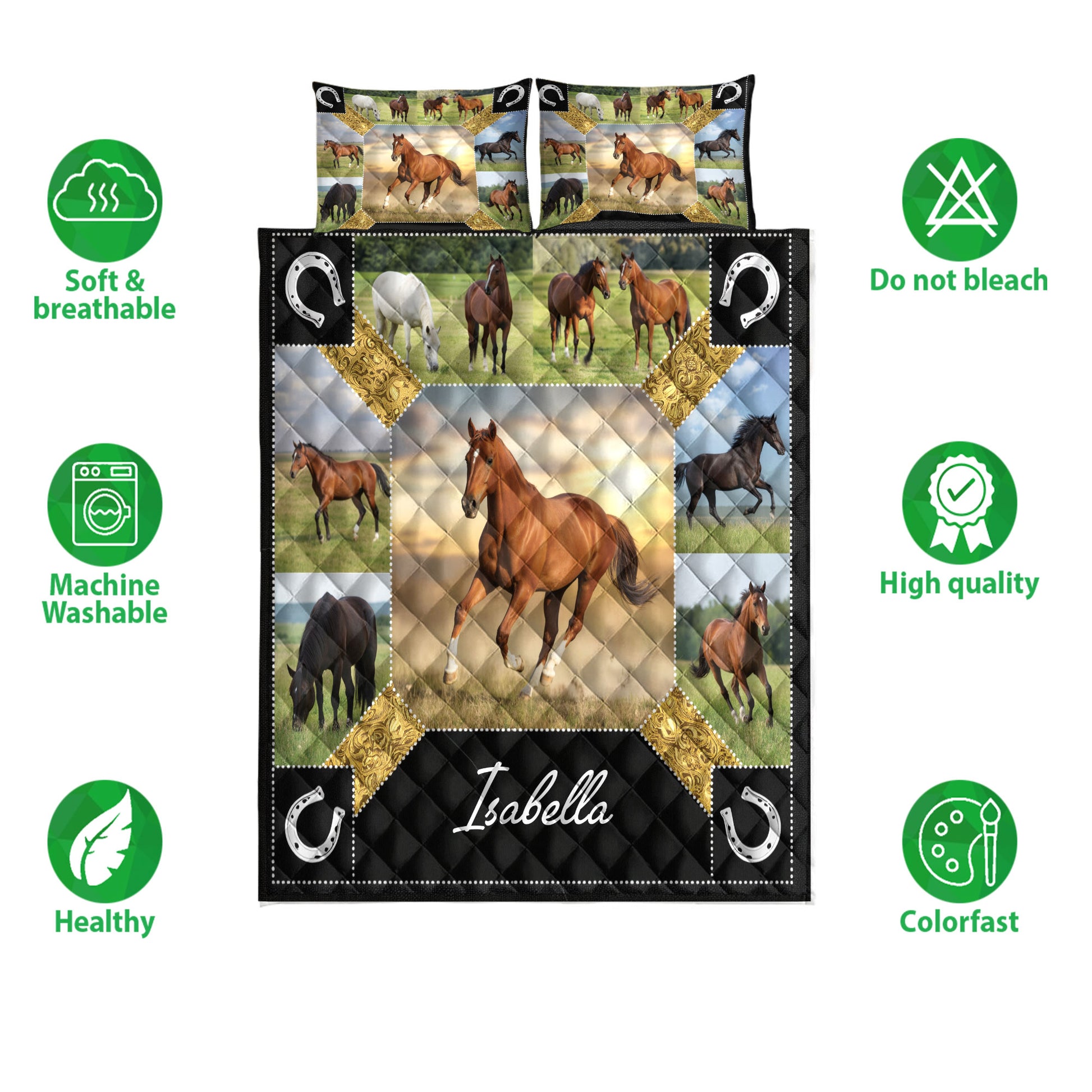 Horse quilt bedding set shown with equestrian artwork, horseshoe details, and soft breathable design icons