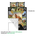 Horse quilt blanket detail showing the printed side, quilted surface, and white backing
