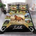 Horse quilt bedding set styled in a bright bedroom with galloping horse artwork and horseshoe accents
