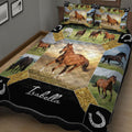 Equestrian horse quilt blanket displayed across a bedroom with running horses and decorative horseshoes