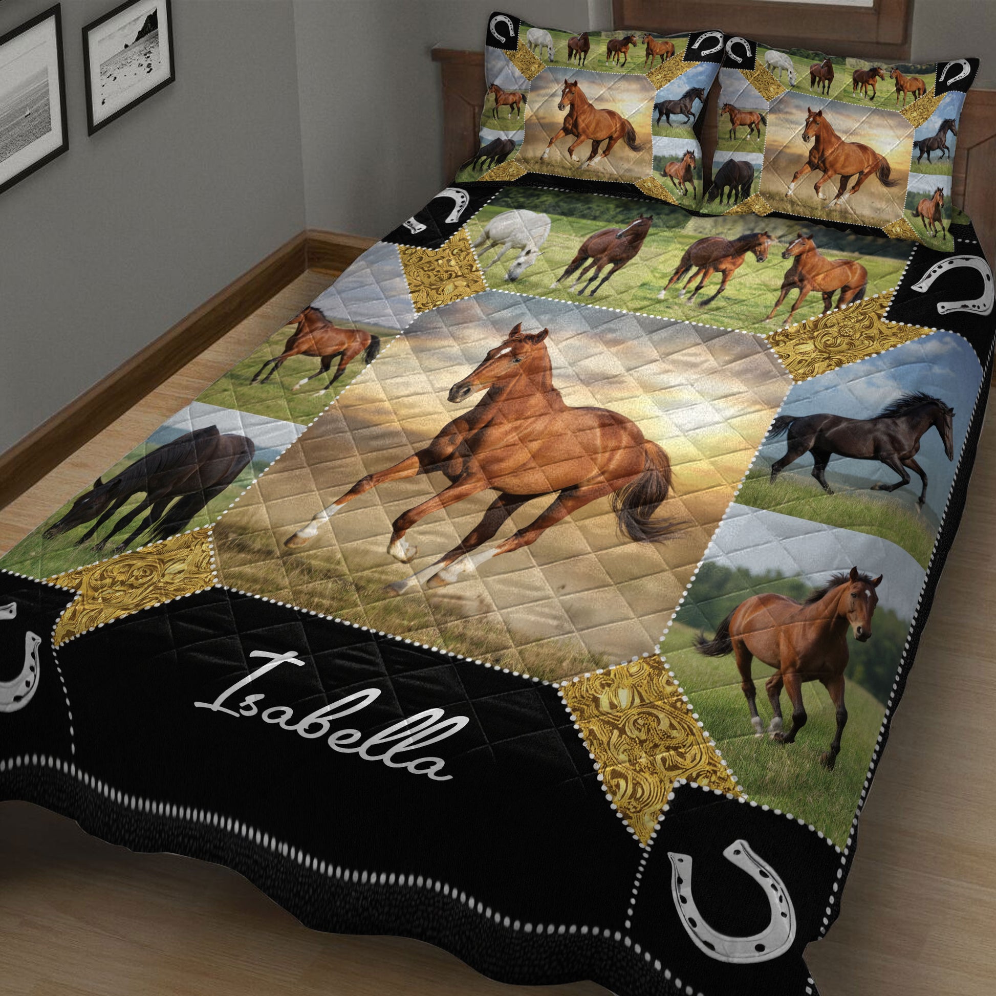 Equestrian horse quilt blanket displayed across a bedroom with running horses and decorative horseshoes