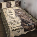 Maine Coon cat quilt blanket displayed on a bed with matching cat artwork and ornate border