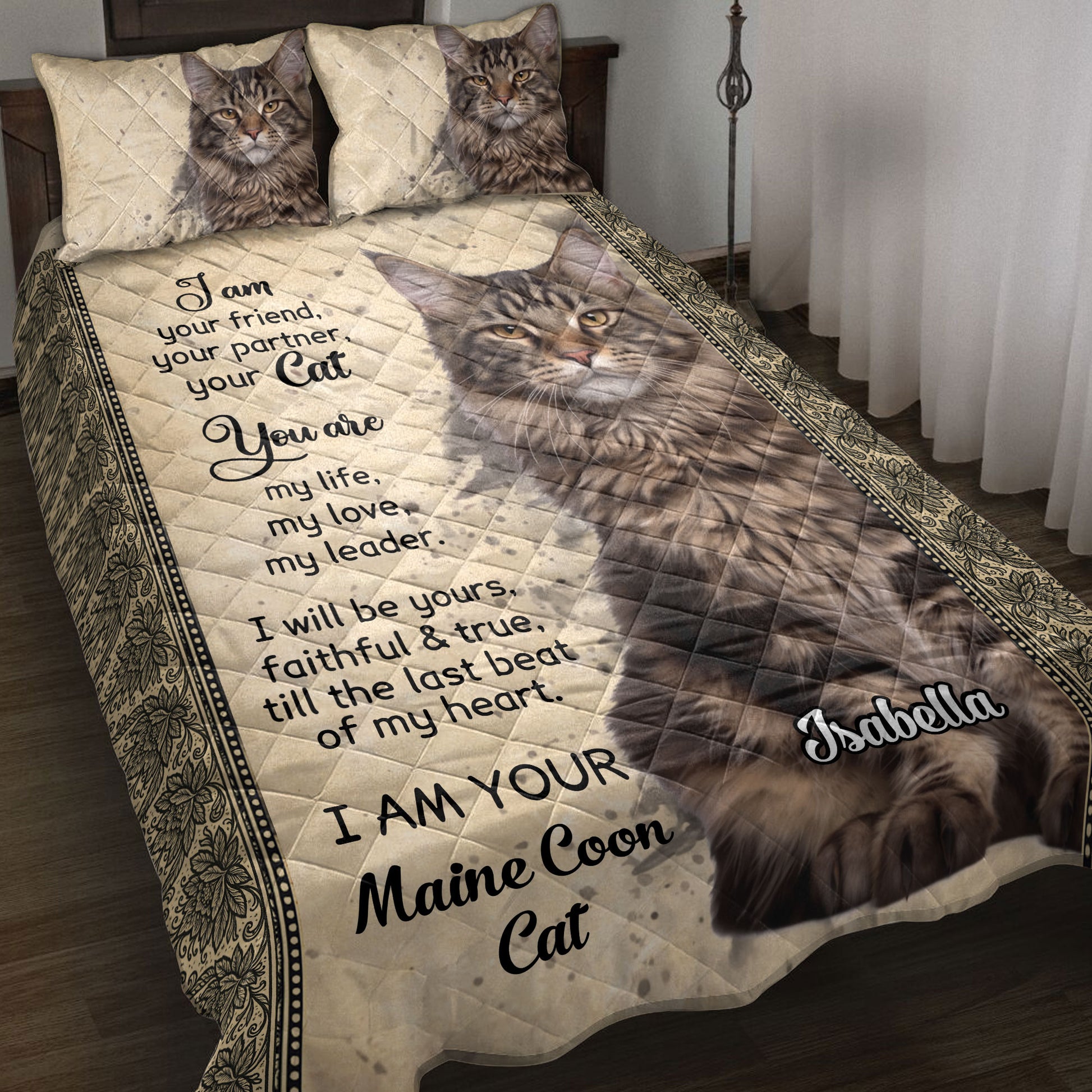 Maine Coon cat quilt blanket displayed on a bed with matching cat artwork and ornate border