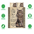 Maine Coon cat quilt bedding set shown with matching pillow artwork and feature icons