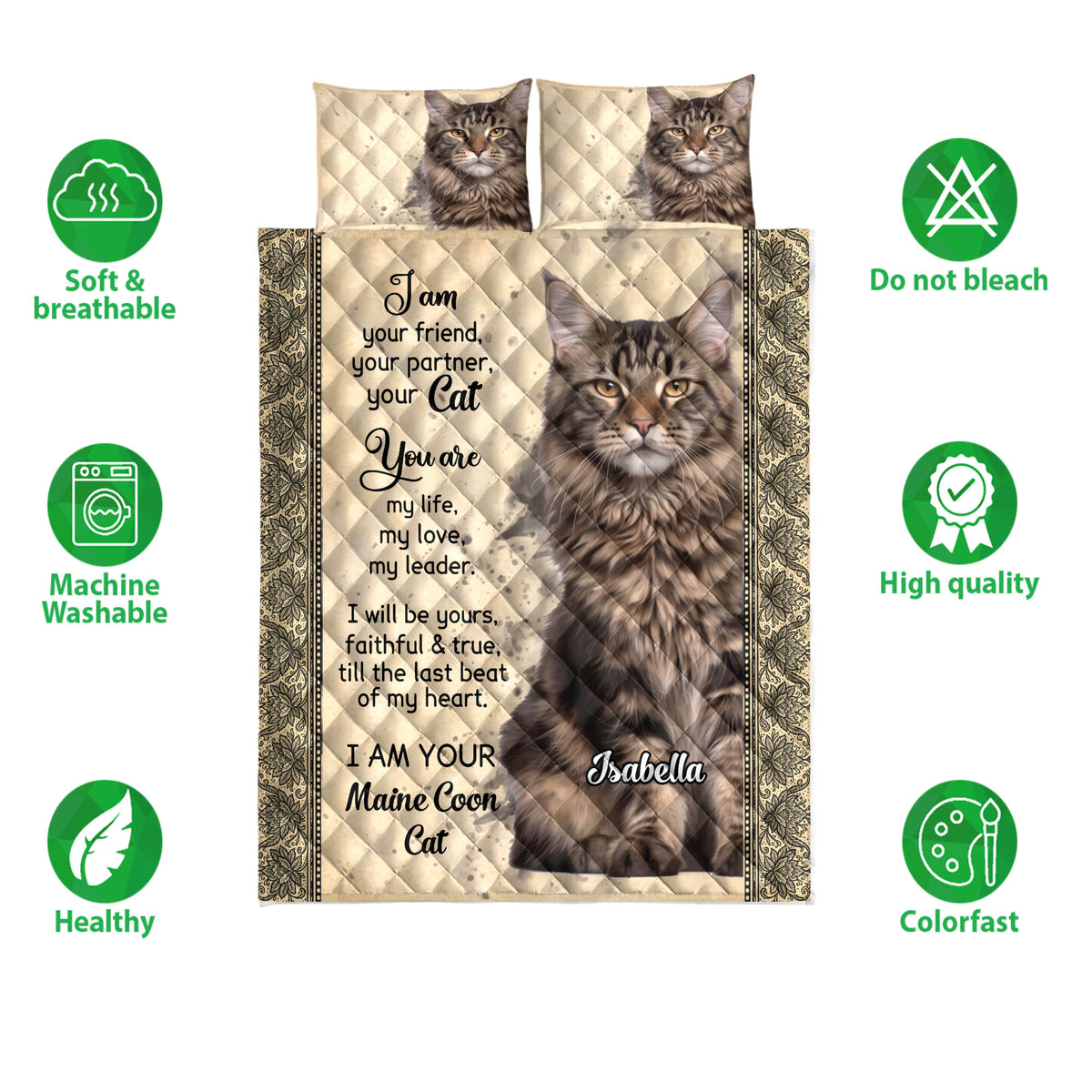 Maine Coon cat quilt bedding set shown with matching pillow artwork and feature icons
