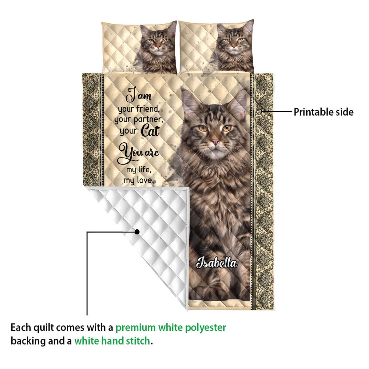 Maine Coon cat quilt blanket showing the printed front and white diamond-patterned backing
