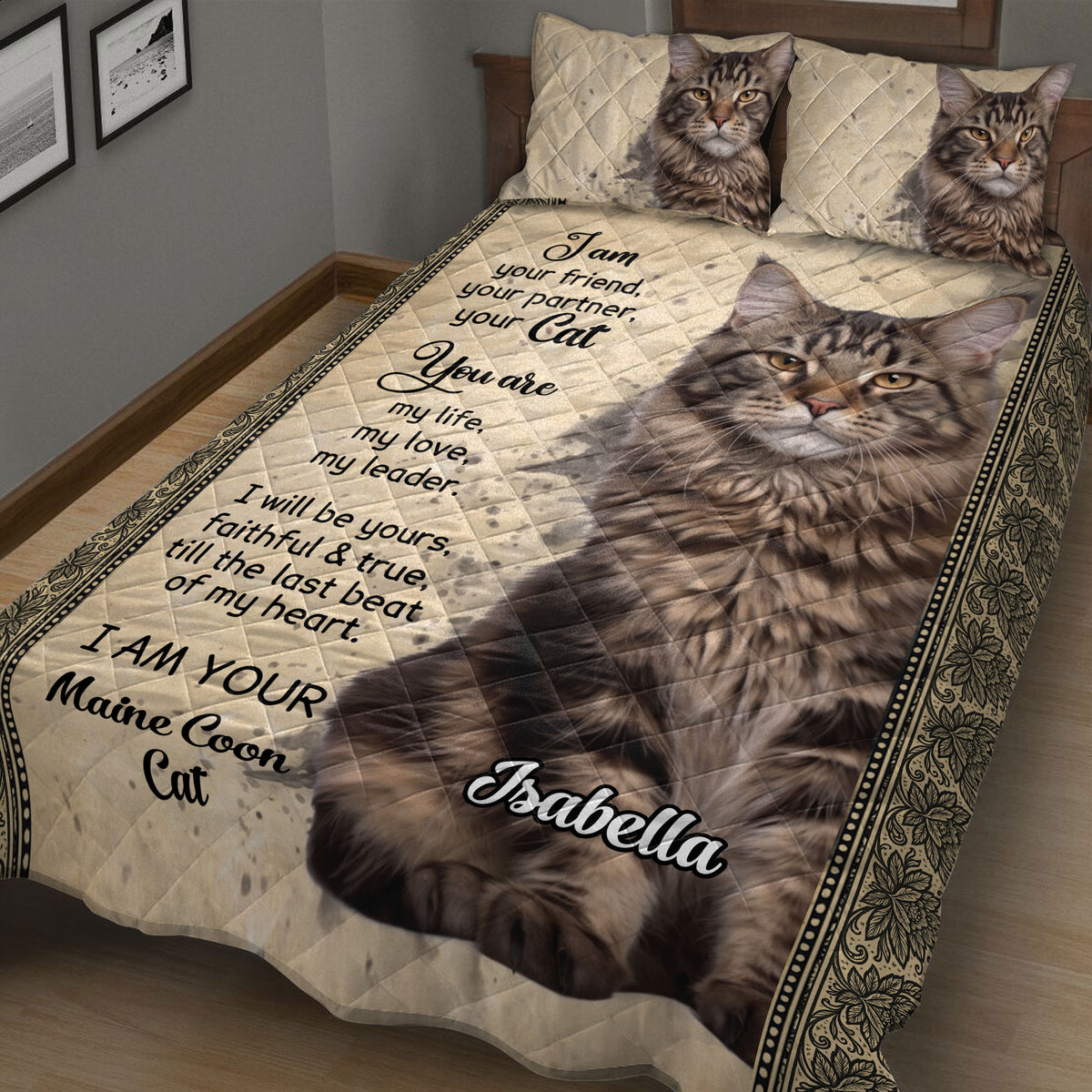 Close view of Maine Coon cat quilt blanket with realistic feline portrait and decorative border