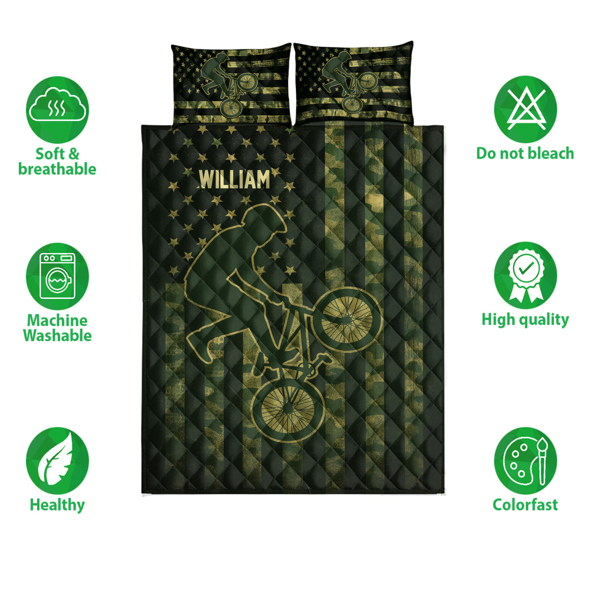BMX quilt bedding displayed with dark green and gold bicycle artwork and star details