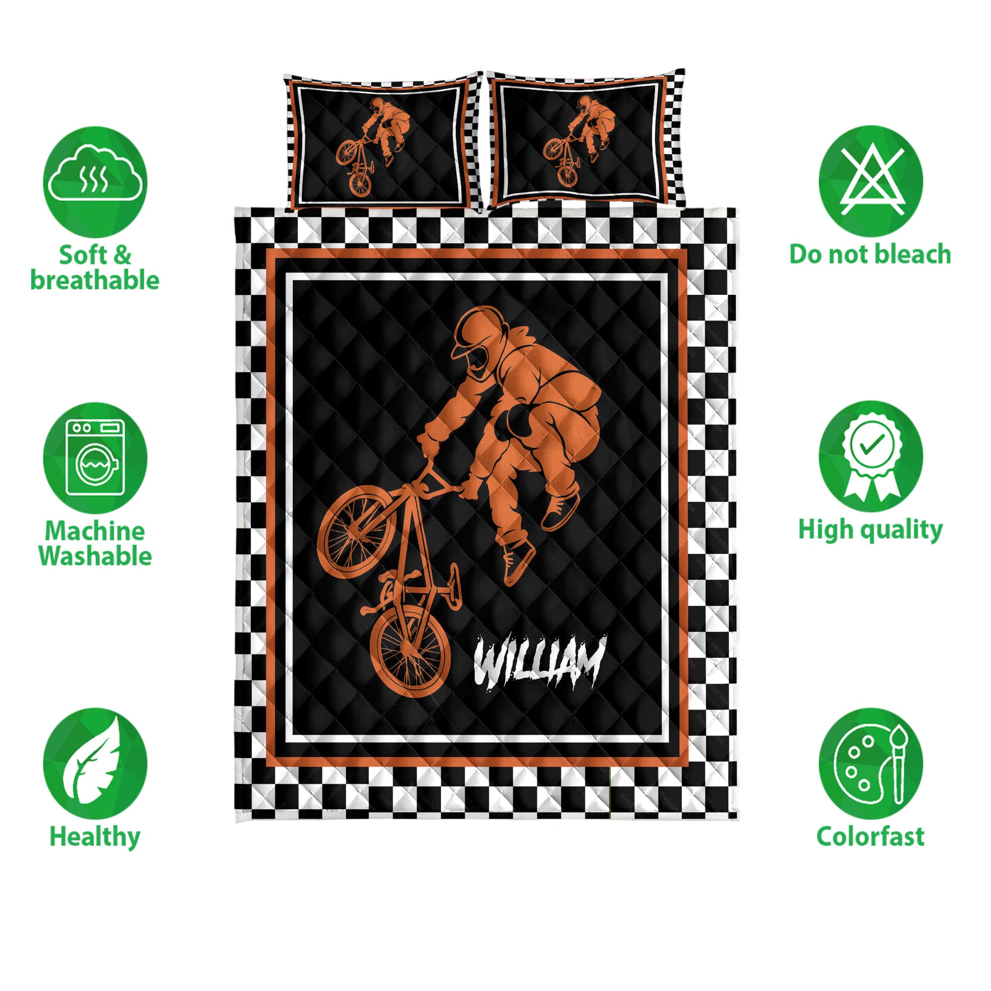 BMX quilt bedding set featuring orange rider artwork, black quilted center, and checkerboard border