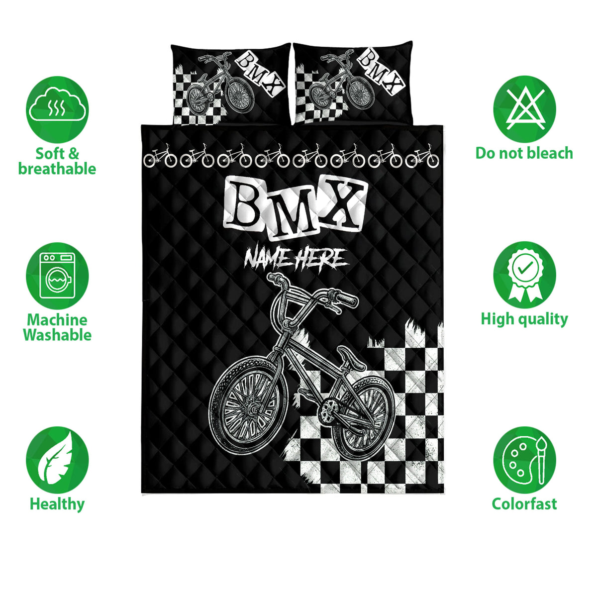 BMX quilt bedding set shown flat with black and white bicycle graphics and feature icons