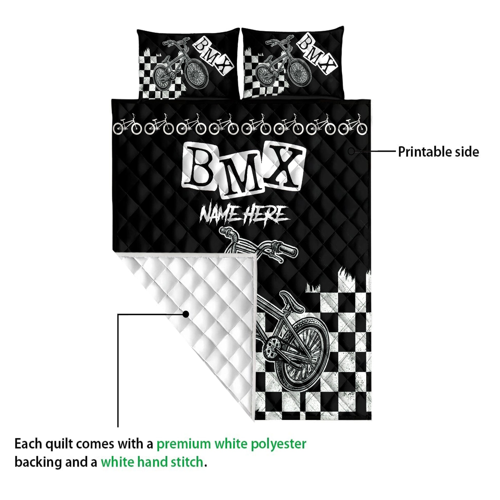 BMX quilt blanket shown with printable front artwork and white quilted backing detail