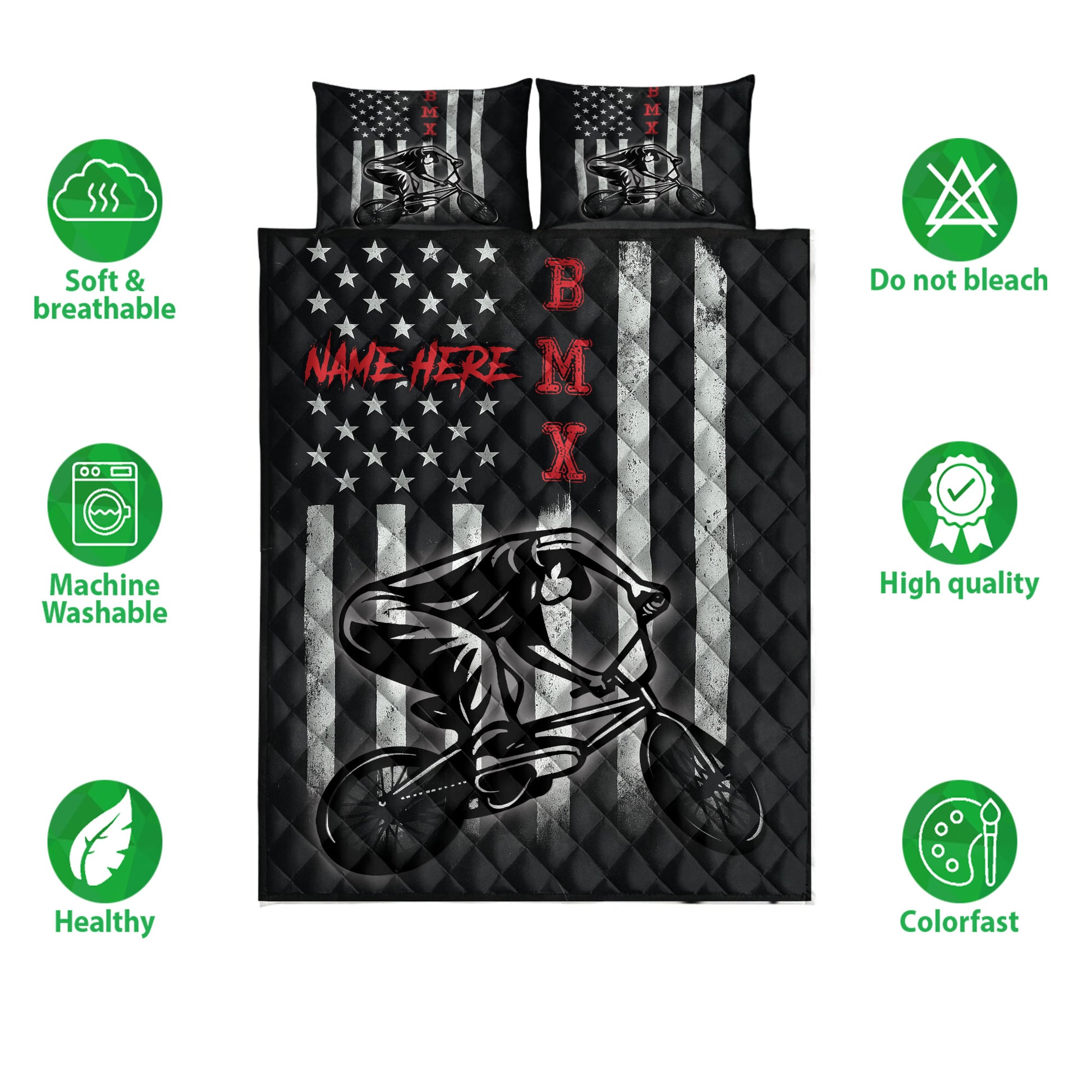 BMX quilt bedding set shown flat with freestyle bicycle artwork and black, white, and red graphics