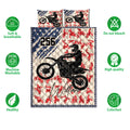 Motocross quilt bedding set shown flat with dirt bike artwork, bold red and blue graphics, and feature icons