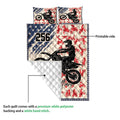 Motocross quilt detail showing the printed front, quilted backing, star border, and dirt bike rider design