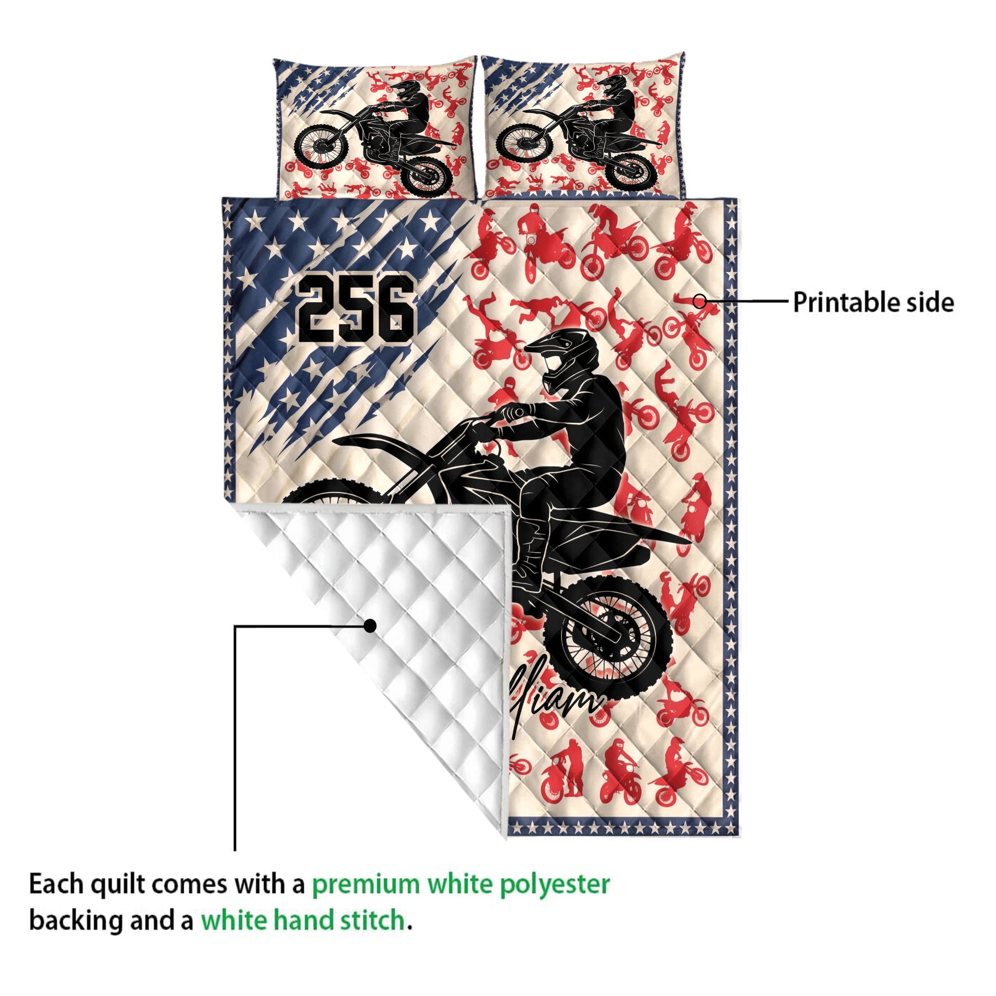 Motocross quilt detail showing the printed front, quilted backing, star border, and dirt bike rider design