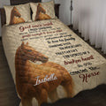 Horse quilt blanket displayed on a bed with realistic chestnut horses and a heartfelt faith-inspired message