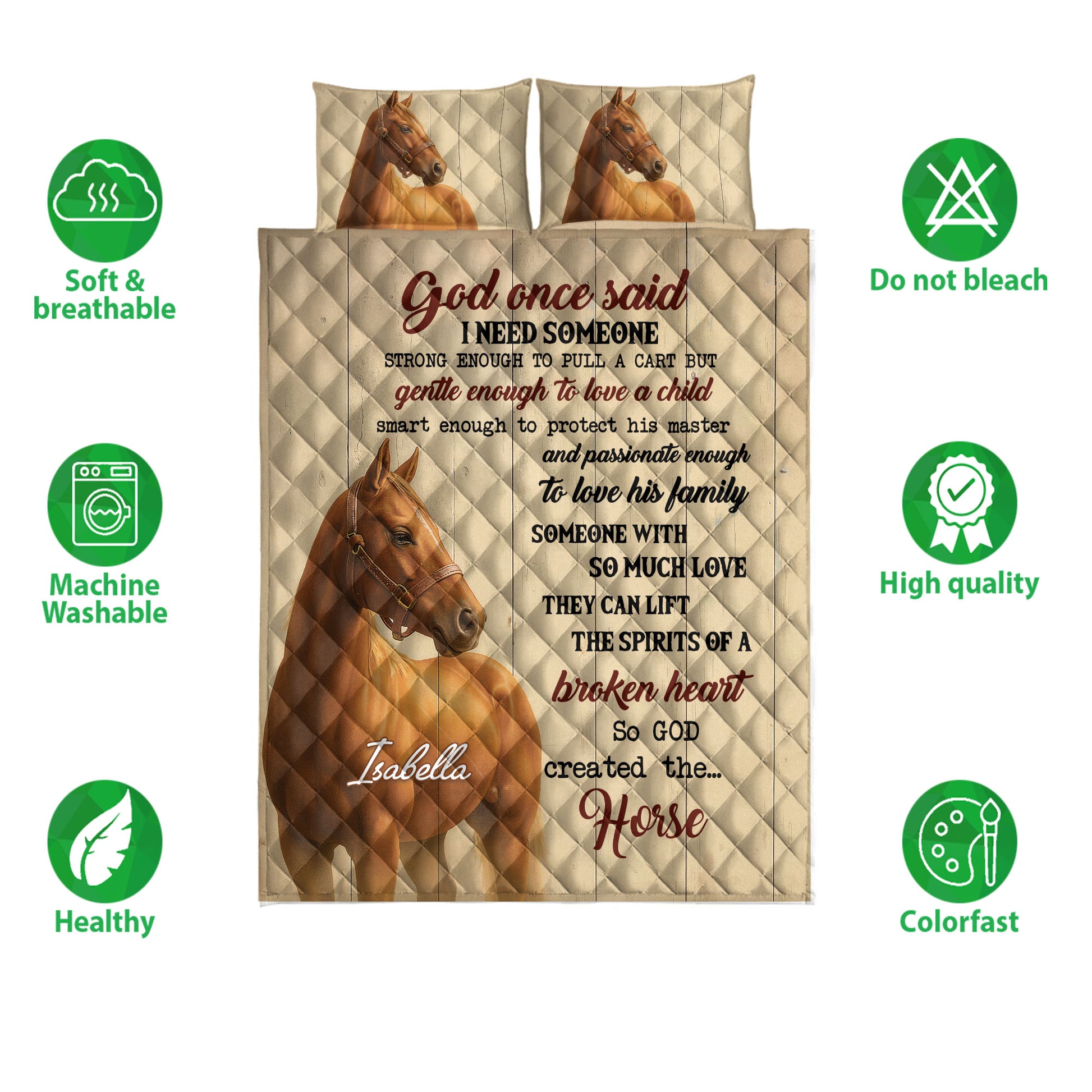 Horse quilt bedding set with chestnut horse artwork, printed message, and soft breathable feature icons
