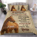 Horse quilt bedding styled in a bright bedroom with realistic chestnut horse portraits and rustic artwork