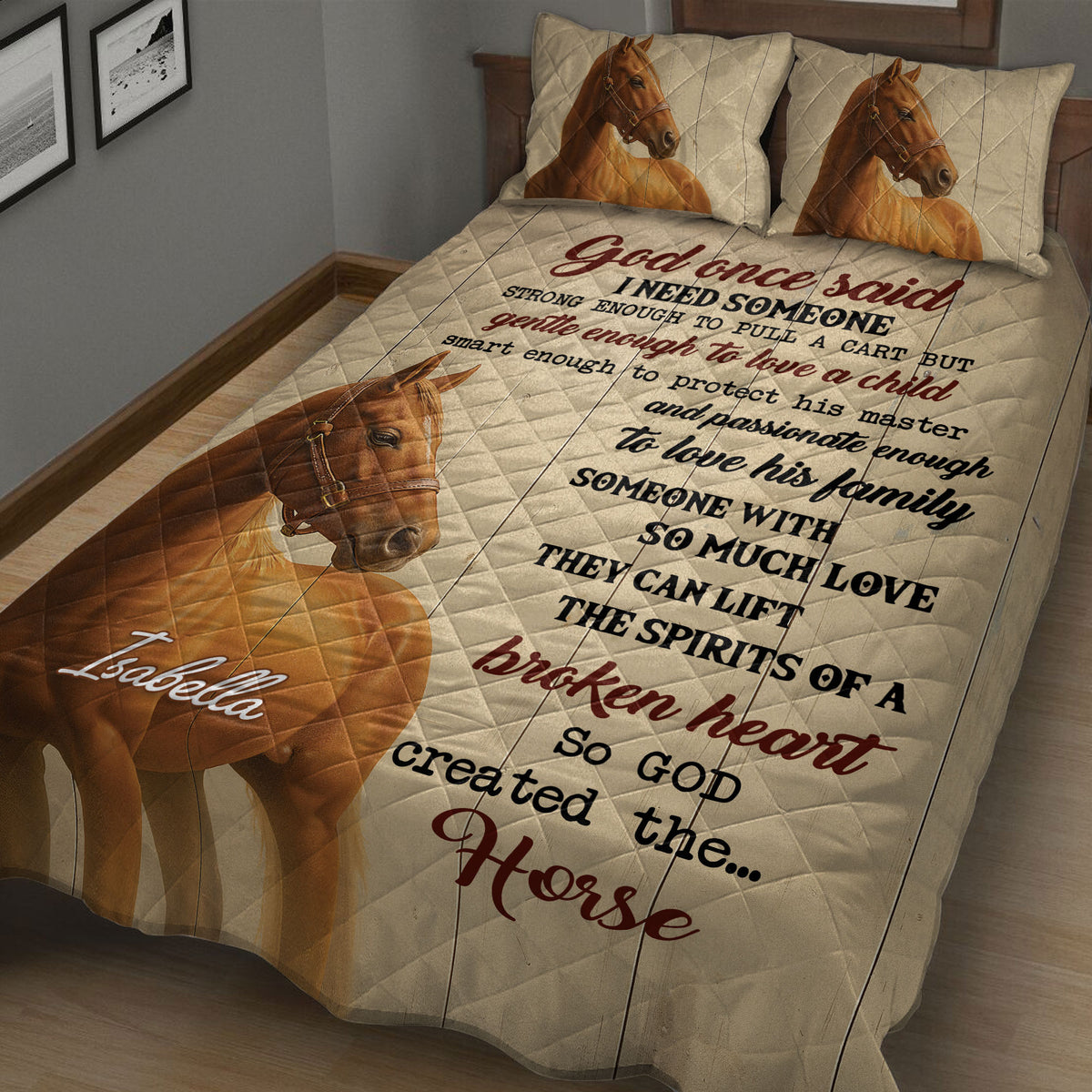 Close bedroom view of horse quilt blanket featuring detailed chestnut horse artwork and an inspirational message