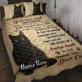 Black cat quilt blanket bedding set displayed on a bed with heartfelt typography and paw print accents
