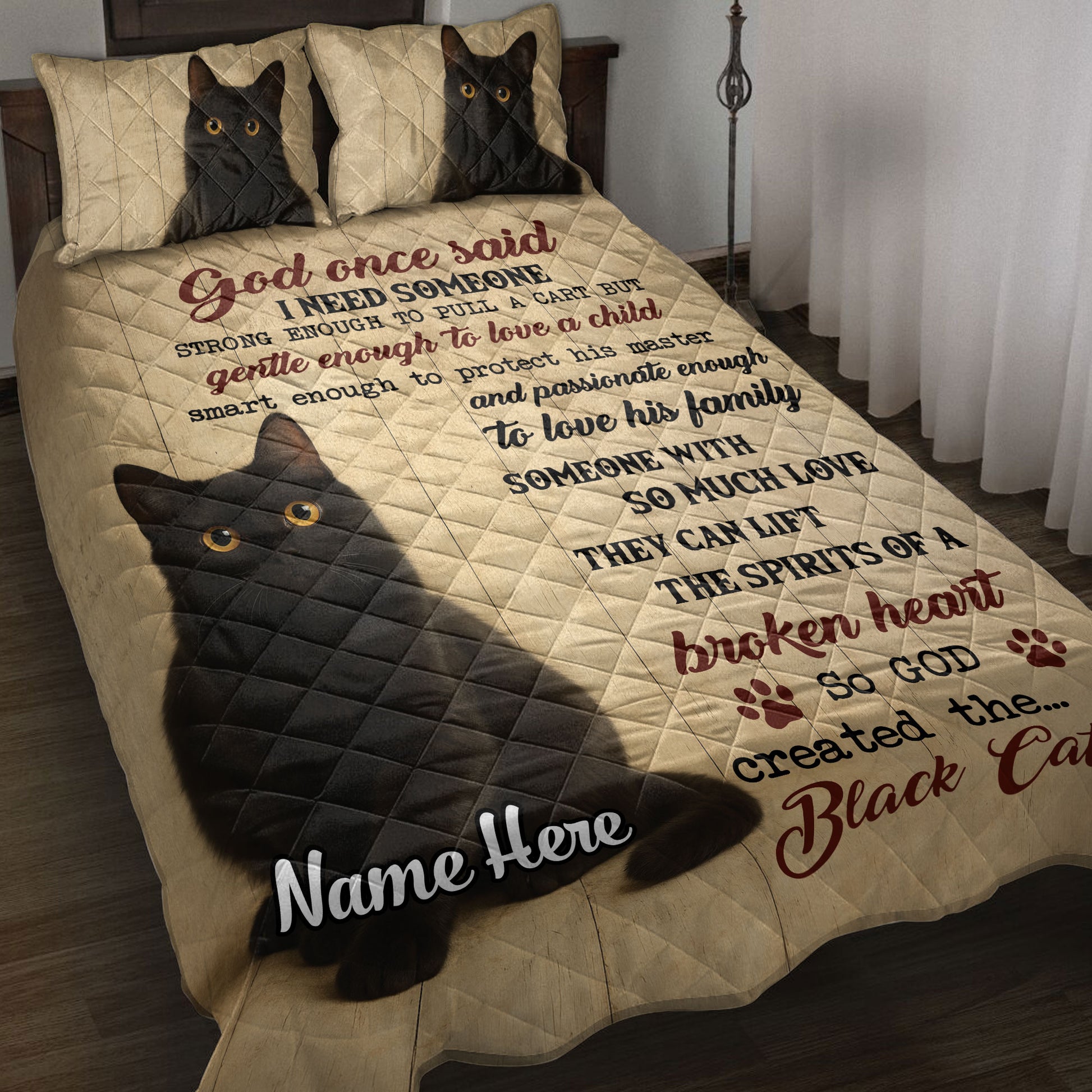 Black cat quilt blanket bedding set displayed on a bed with heartfelt typography and paw print accents