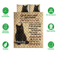 Black cat quilt bedding set shown with product care icons and soft breathable bedding features