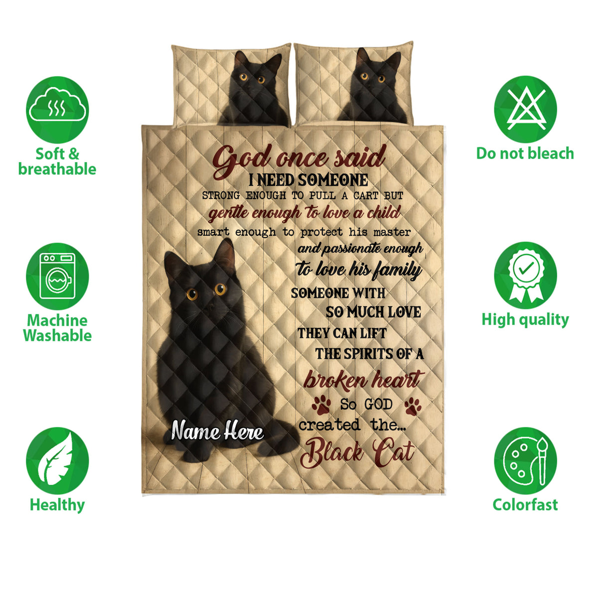 Black cat quilt bedding set shown with product care icons and soft breathable bedding features