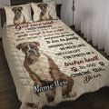 Boxer dog quilt blanket displayed on a bed with matching Boxer portraits and heartfelt artwork