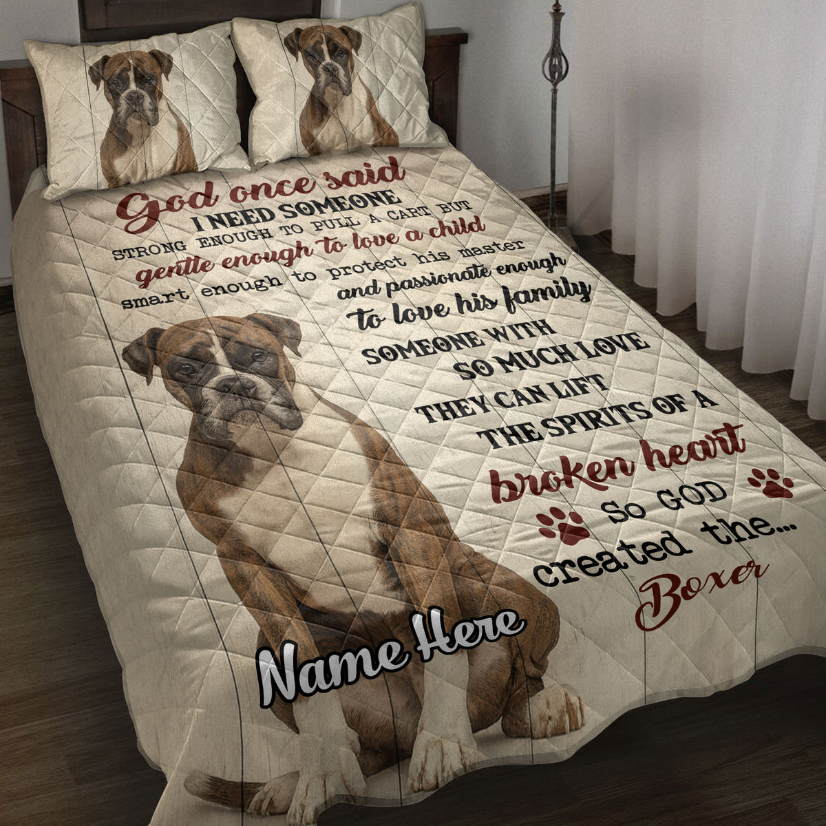 Boxer dog quilt blanket displayed on a bed with matching Boxer portraits and heartfelt artwork