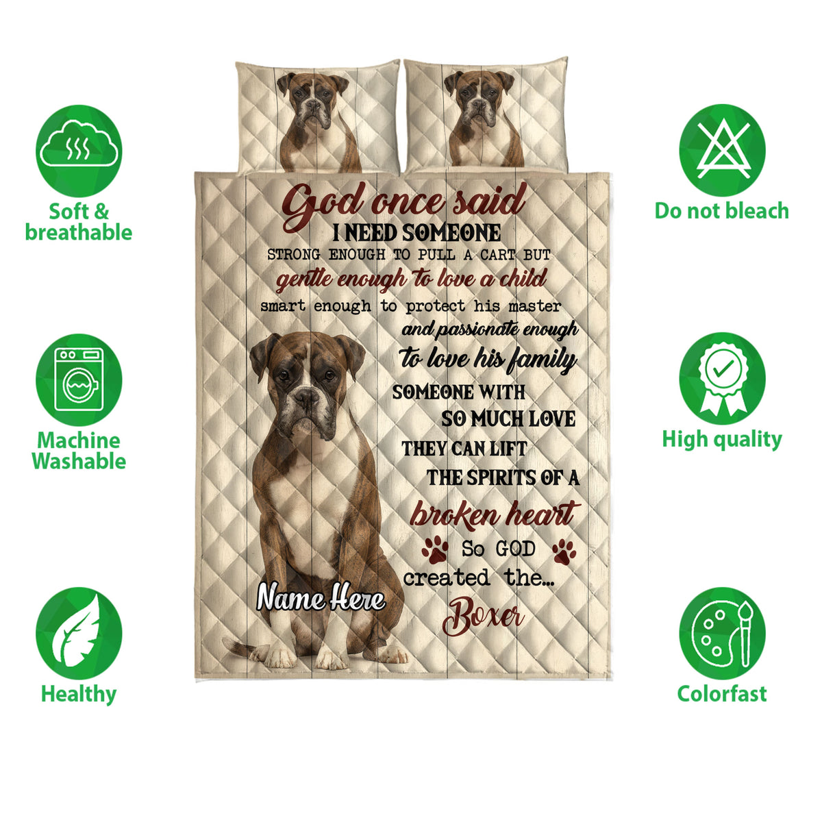 Boxer dog quilt bedding set shown with matching portrait panels and soft neutral artwork
