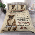 Custom Boxer dog quilt blanket styled in a bright bedroom with portrait artwork and a heartfelt message