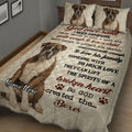 Boxer dog quilt blanket shown across a bedroom with multiple dog portraits and heartfelt decorative text