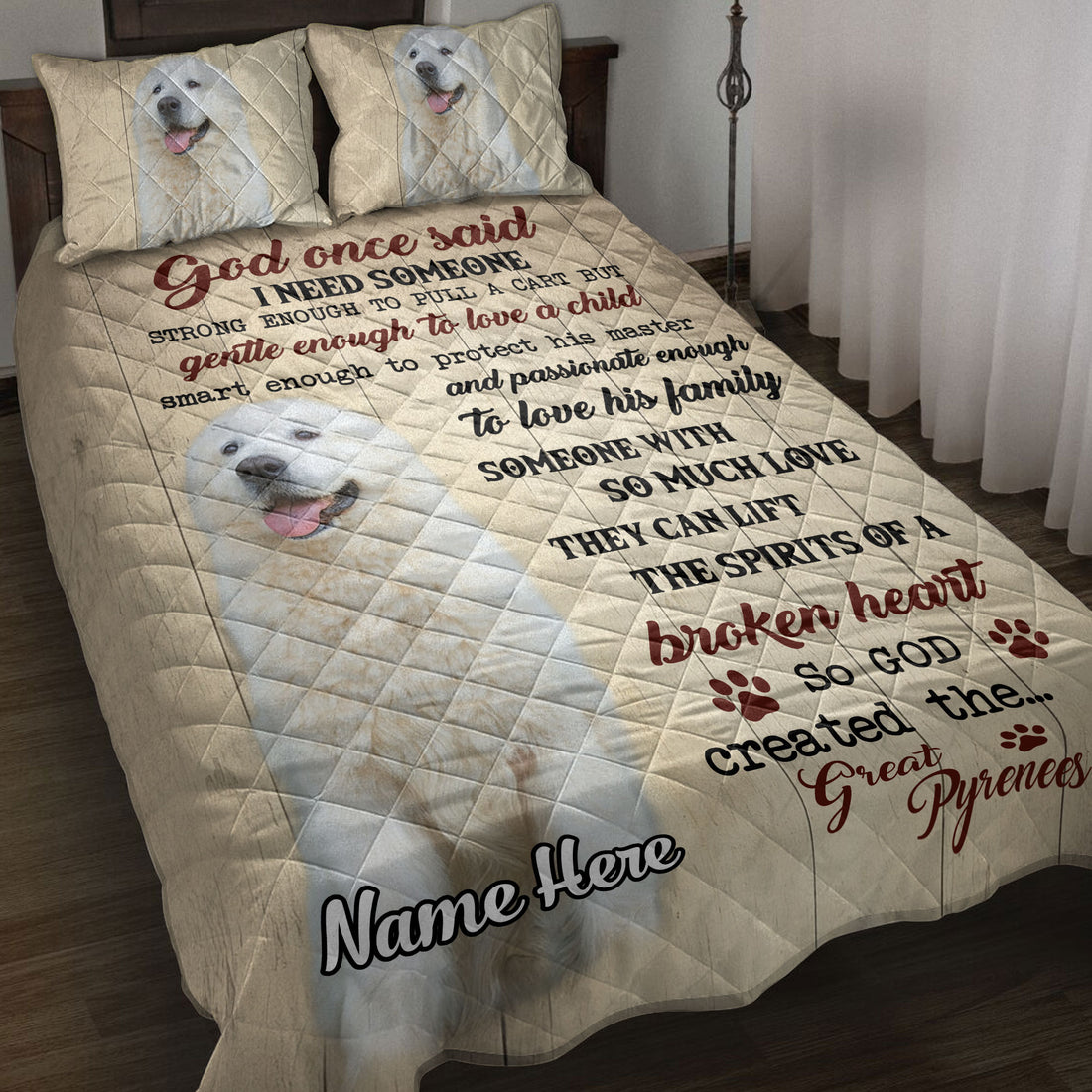 Great Pyrenees quilt blanket displayed on a bed with white dog portraits, paw prints, and heartfelt faith-inspired artwork