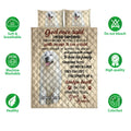 Great Pyrenees quilt bedding set shown flat with dog portraits, paw prints, and a heartfelt inspirational message